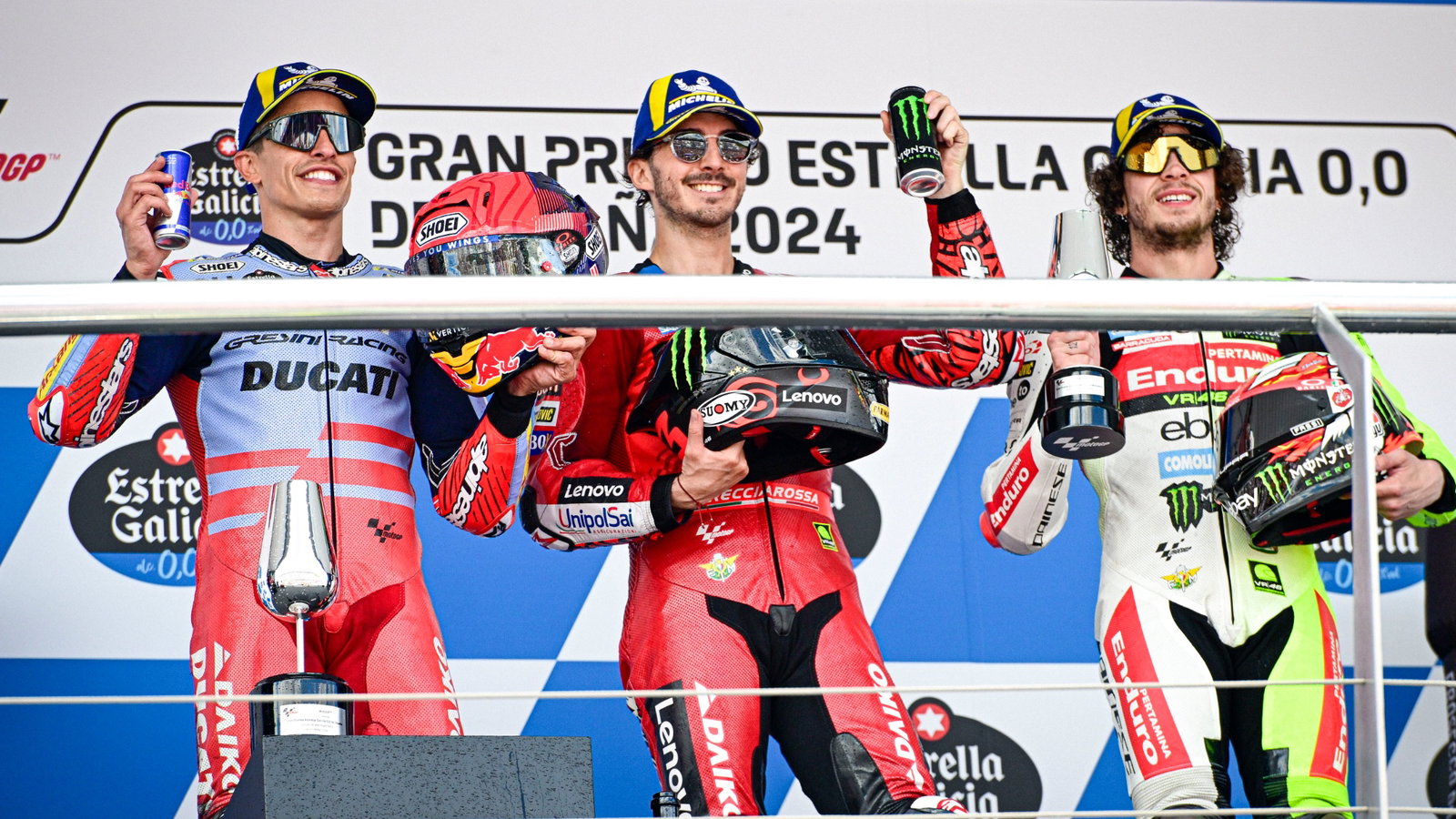 Francesco Bagnaia, Marc Marquez, Marco Bezzecchi podium, MotoGP race, Spanish MotoGP, 28 April