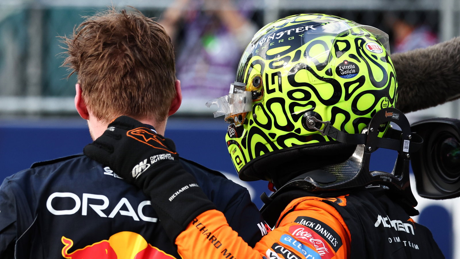 Race winner Lando Norris (GBR) McLaren celebrates in parc ferme with Max Verstappen (NLD) Red Bull Racing. Formula 1 World