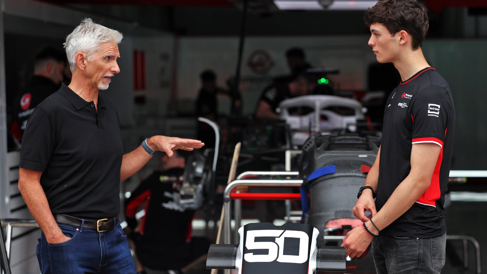 Oliver Bearman (GBR) Ferrari Reserve Driver (Right) with Damon Hill (GBR) Sky Sports Presenter. Formula 1 World