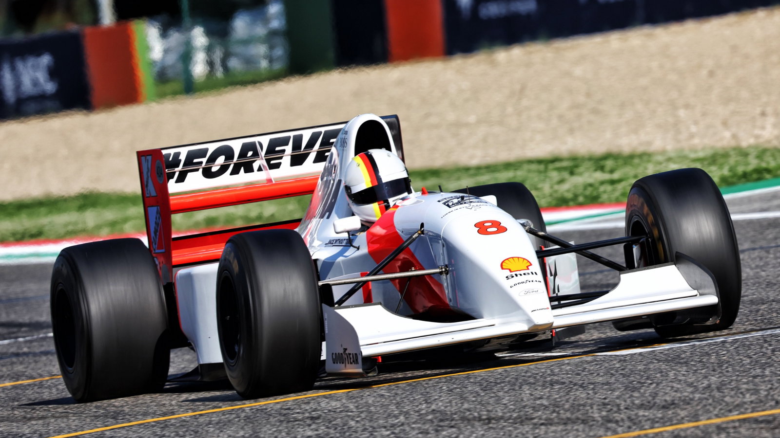 Sebastian Vettel (GER) in a 1993 McLaren MP4/8. Formula 1 World Championship, Rd 7, Emilia Romagna Grand Prix, Imola,