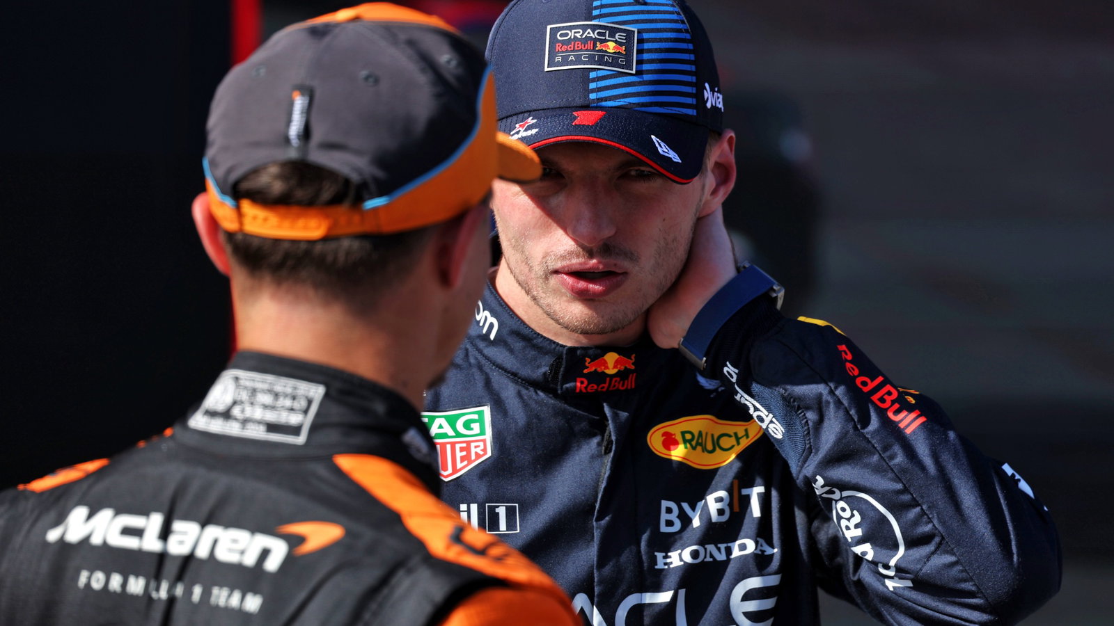 Pole sitter Max Verstappen (NLD) Red Bull Racing in qualifying parc ferme with Lando Norris (GBR) McLaren. Formula 1 World