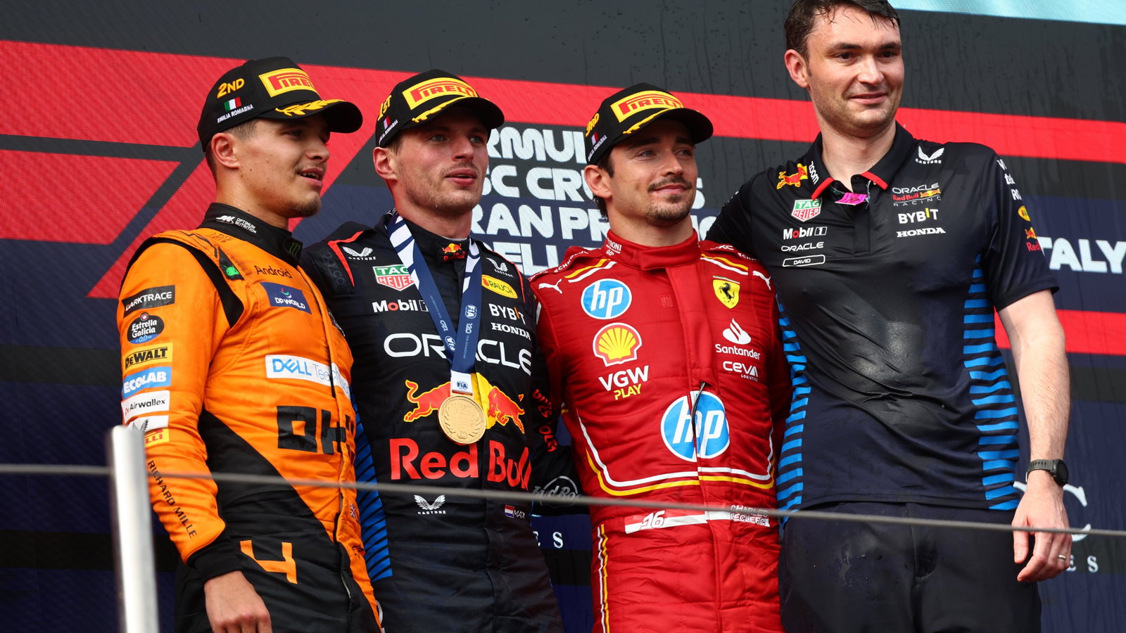 1st place Max Verstappen (NLD) Red Bull Racing RB20, 2nd place Lando Norris (GBR) McLaren MCL38 and 3rd place Charles