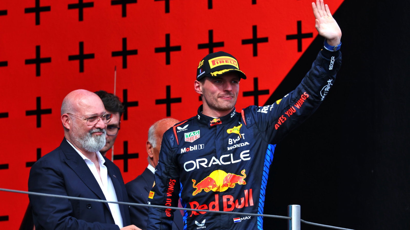 Race winner Max Verstappen (NLD) Red Bull Racing celebrates on the podium. Formula 1 World Championship, Rd 7, Emilia