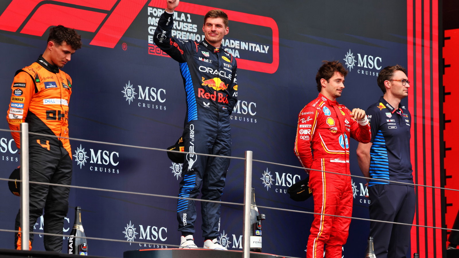 The podium (L to R): Lando Norris (GBR) McLaren, second; Max Verstappen (NLD) Red Bull Racing, race winner; Charles Leclerc