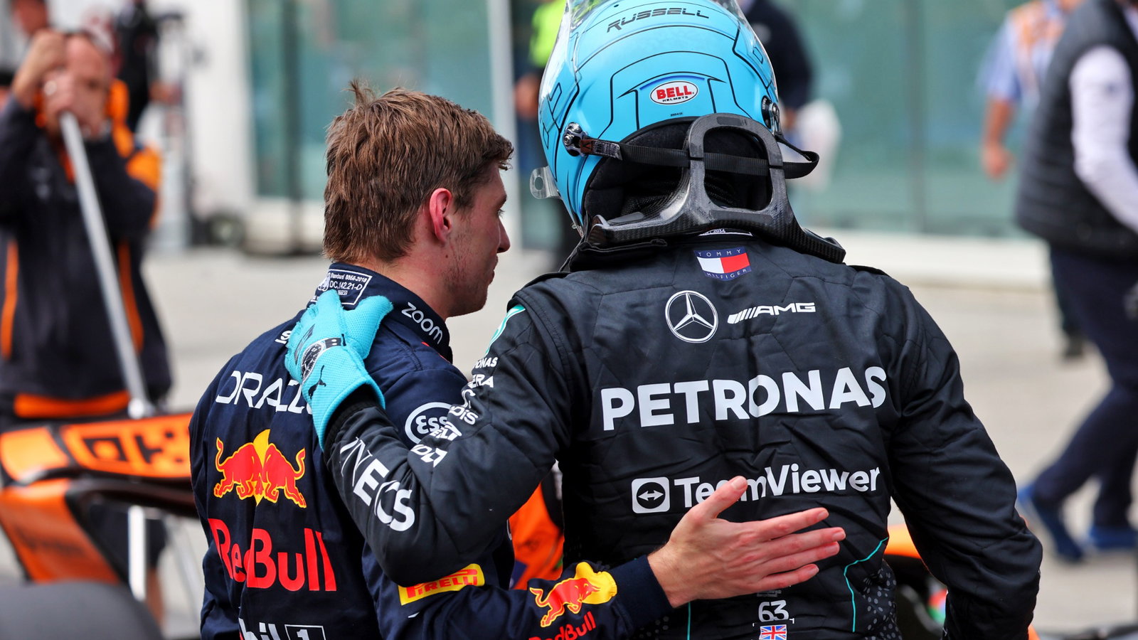 George Russell (GBR) Mercedes AMG F1 (Right) celebrates his pole position in qualifying parc ferme with second placed Max