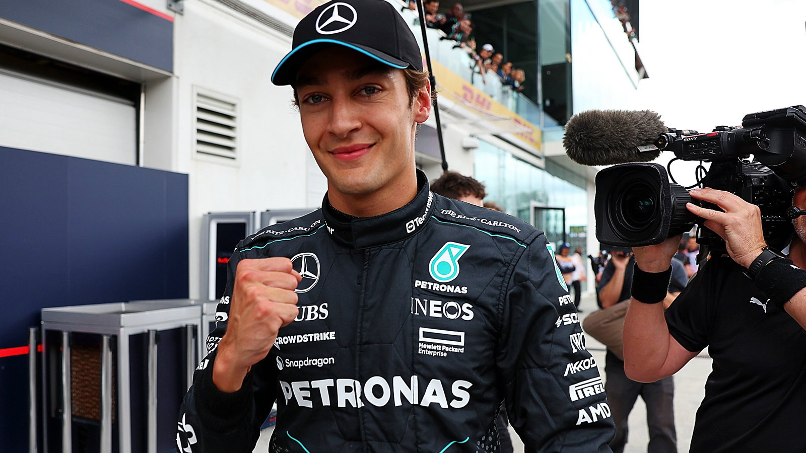 George Russell (GBR) Mercedes AMG F1 celebrates his pole position in qualifying parc ferme. Formula 1 World Championship,