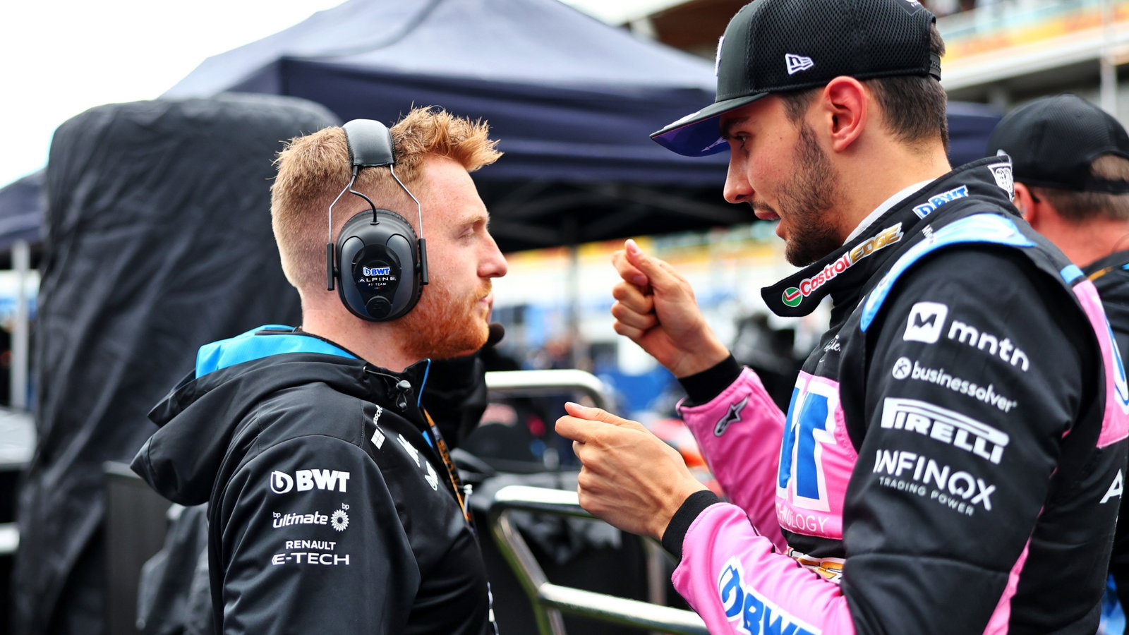 Esteban Ocon (FRA) Alpine F1 Team with Josh Peckett (GBR) Alpine F1 Team Race Engineer on the grid. Formula 1 World