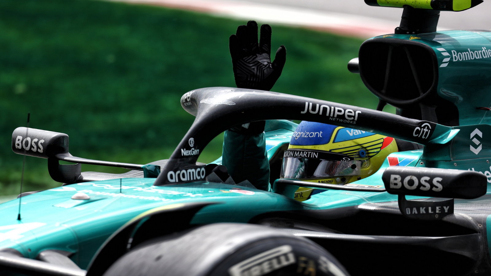 Fernando Alonso (ESP) Aston Martin F1 Team AMR24 waves at the end of the race. Formula 1 World Championship, Rd 9,