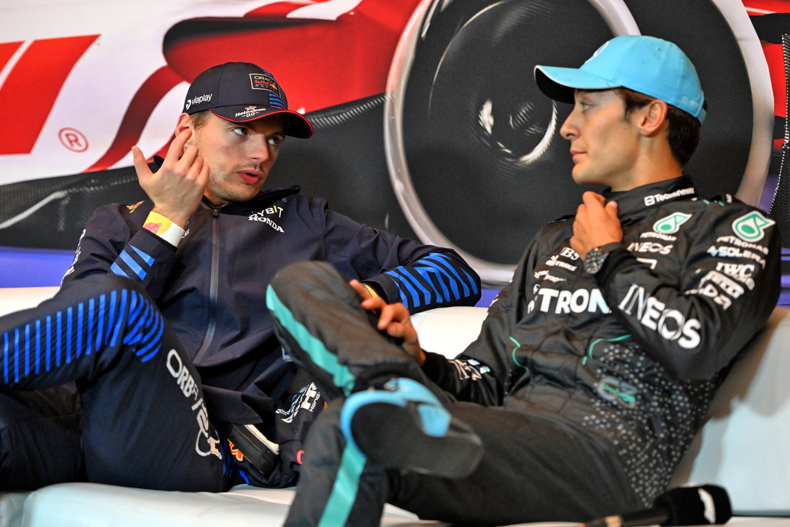 (L to R): Max Verstappen (NLD) Red Bull Racing and George Russell (GBR) Mercedes AMG F1 in the post race FIA Press
