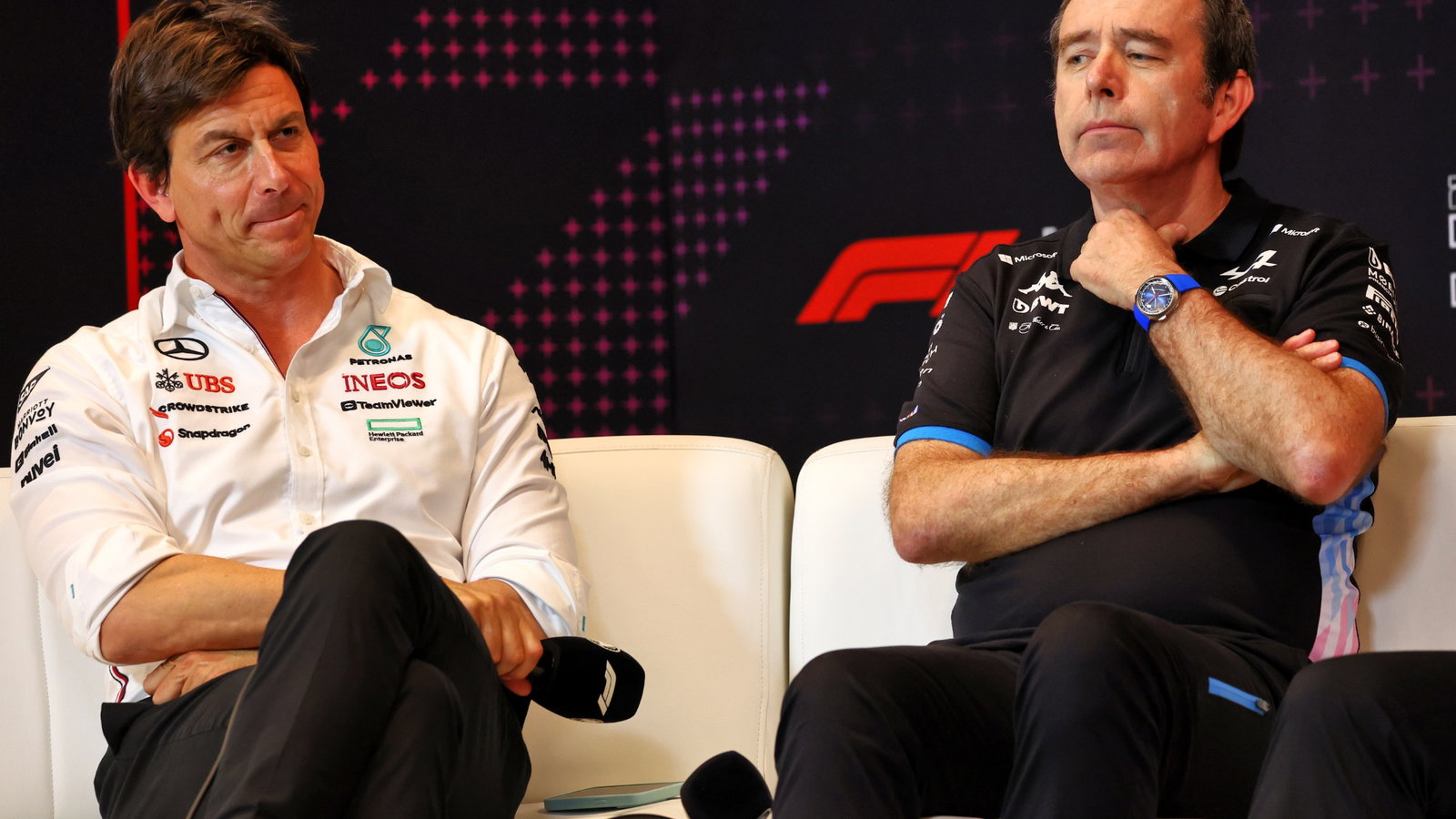(L to R): Toto Wolff (GER) Mercedes AMG F1 Shareholder and Executive Director and Bruno Famin (FRA) Alpine Motorsports Vice