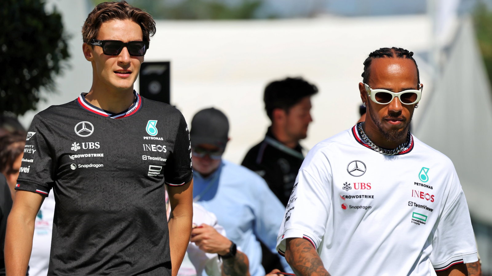 (L to R): George Russell (GBR) Mercedes AMG F1 with Lewis Hamilton (GBR) Mercedes AMG F1. Formula 1 World Championship, Rd