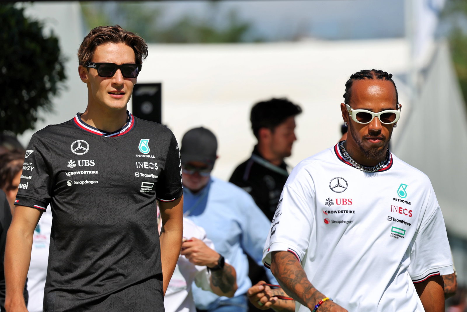 (L to R): George Russell (GBR) Mercedes AMG F1 with Lewis Hamilton (GBR) Mercedes AMG F1. Formula 1 World Championship, Rd