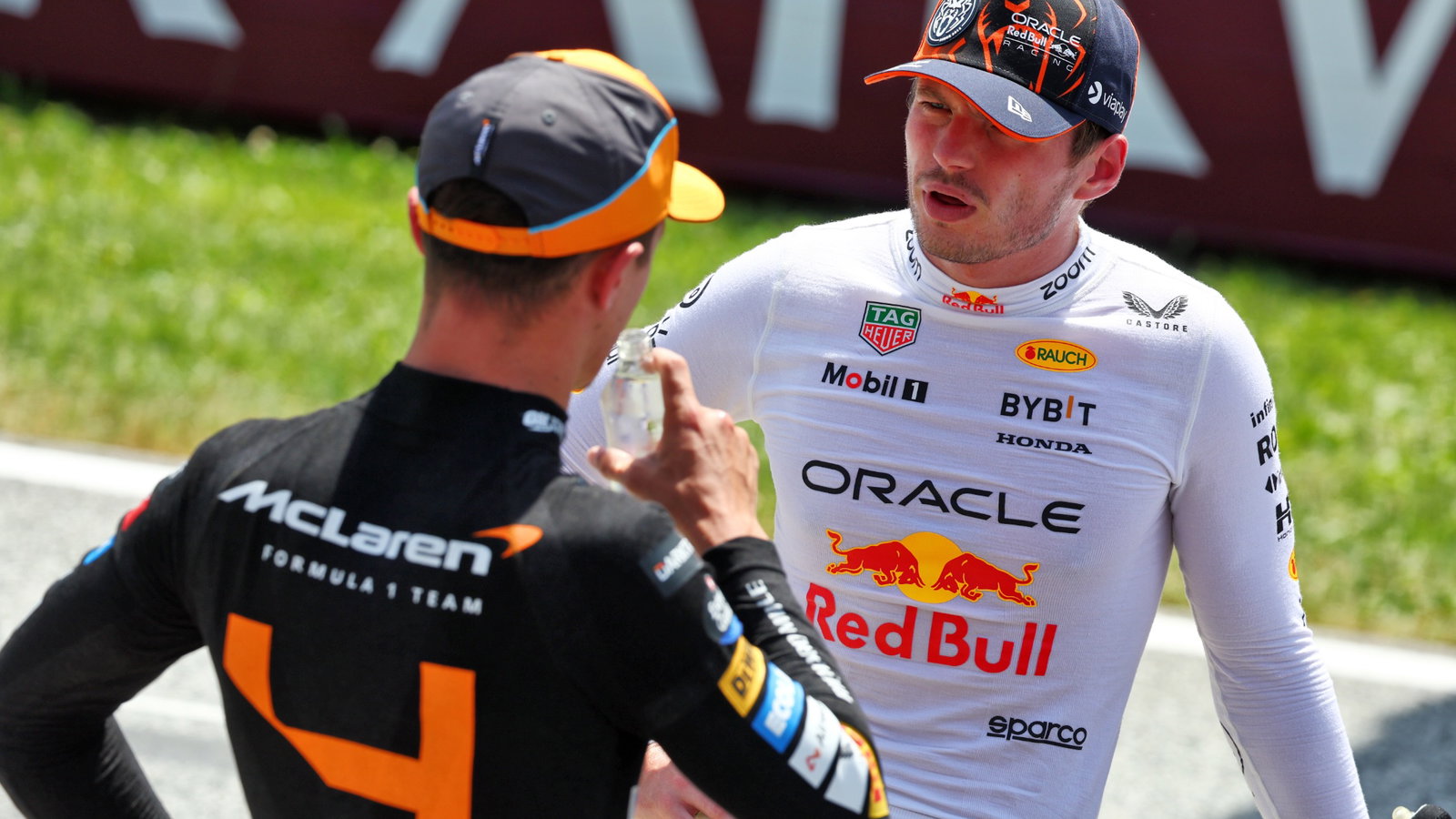 Sprint winner Max Verstappen (NLD) Red Bull Racing in parc ferme with third placed Lando Norris (GBR) McLaren. Formula 1