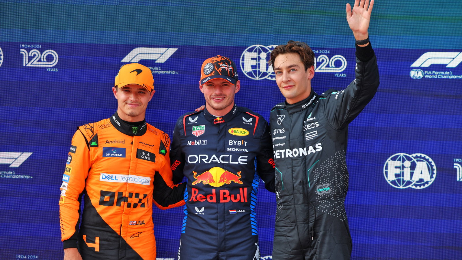 Qualifying top three in parc ferme (L to R): Lando Norris (GBR) McLaren, second; Max Verstappen (NLD) Red Bull Racing, pole