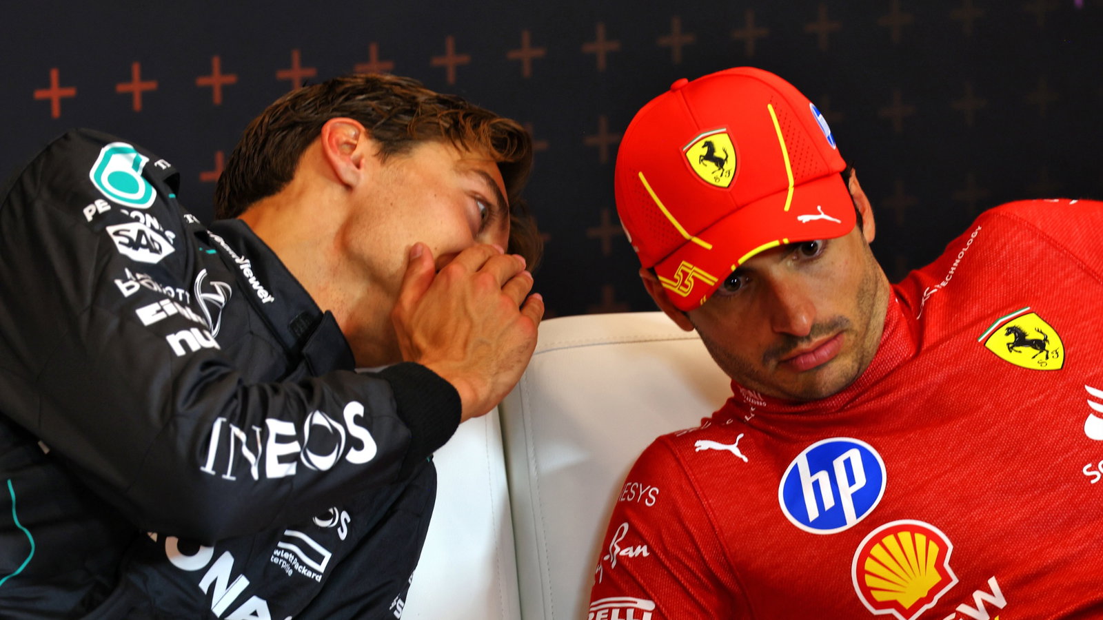 (L to R): George Russell (GBR) Mercedes AMG F1 and Carlos Sainz Jr (ESP) Ferrari in the post race FIA Press Conference.