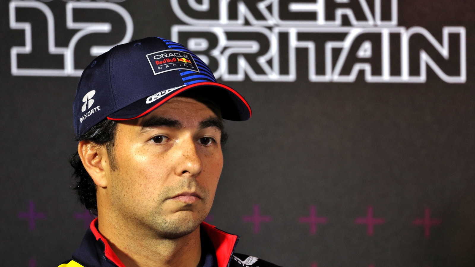 Sergio Perez (MEX) Red Bull Racing in the FIA Press Conference. Formula 1 World Championship, Rd 12, British Grand Prix,