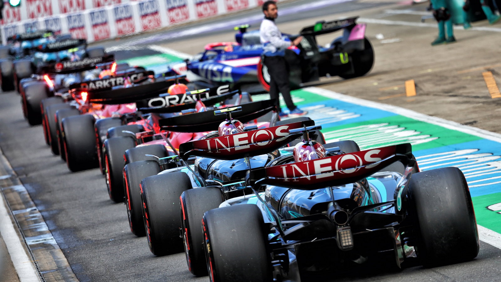 George Russell (GBR) Mercedes AMG F1 W15 in the pits. Formula 1 World Championship, Rd 12, British Grand Prix,
