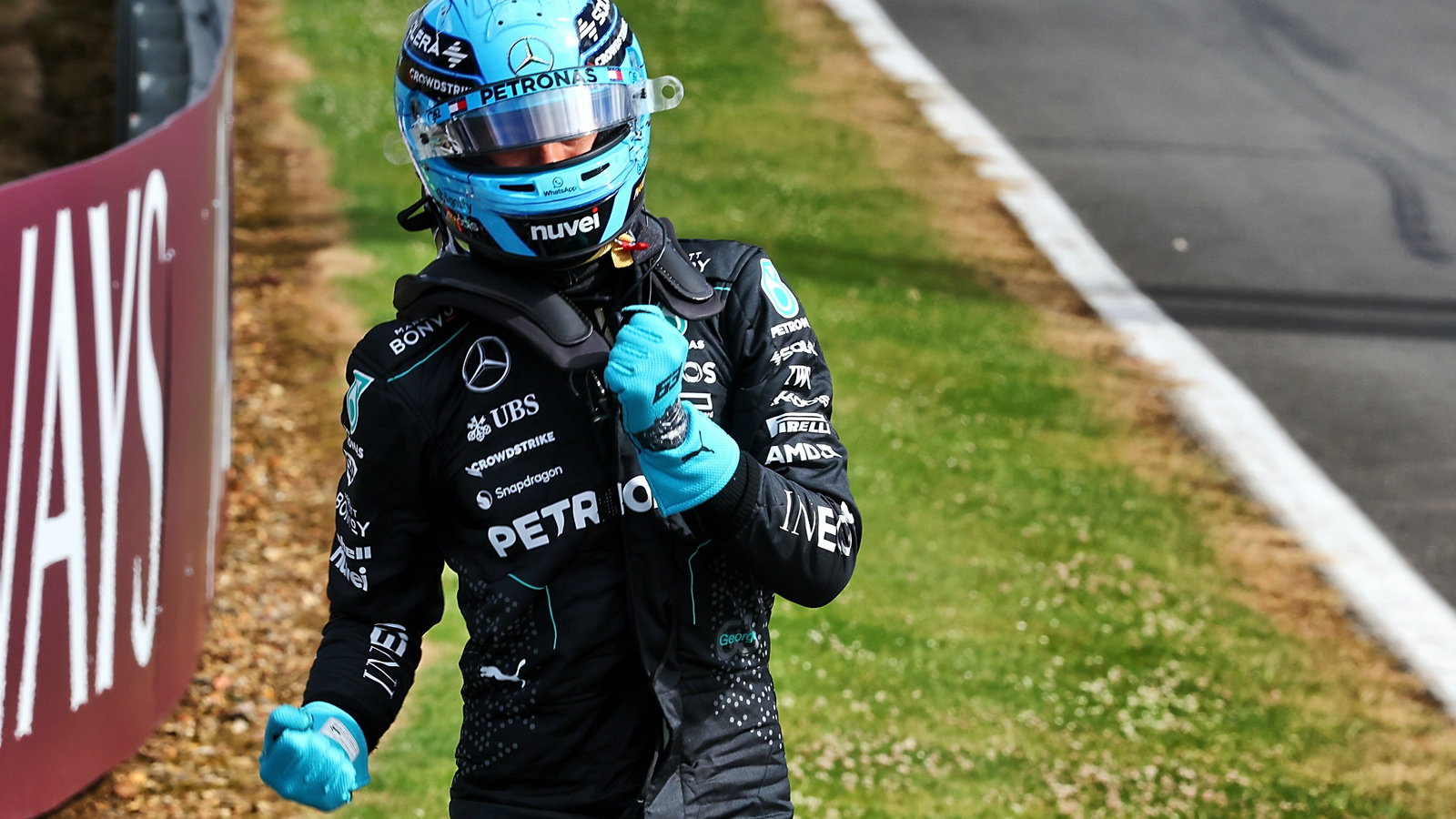 George Russell (GBR) Mercedes AMG F1 celebrates his pole position in qualifying parc ferme. Formula 1 World Championship,