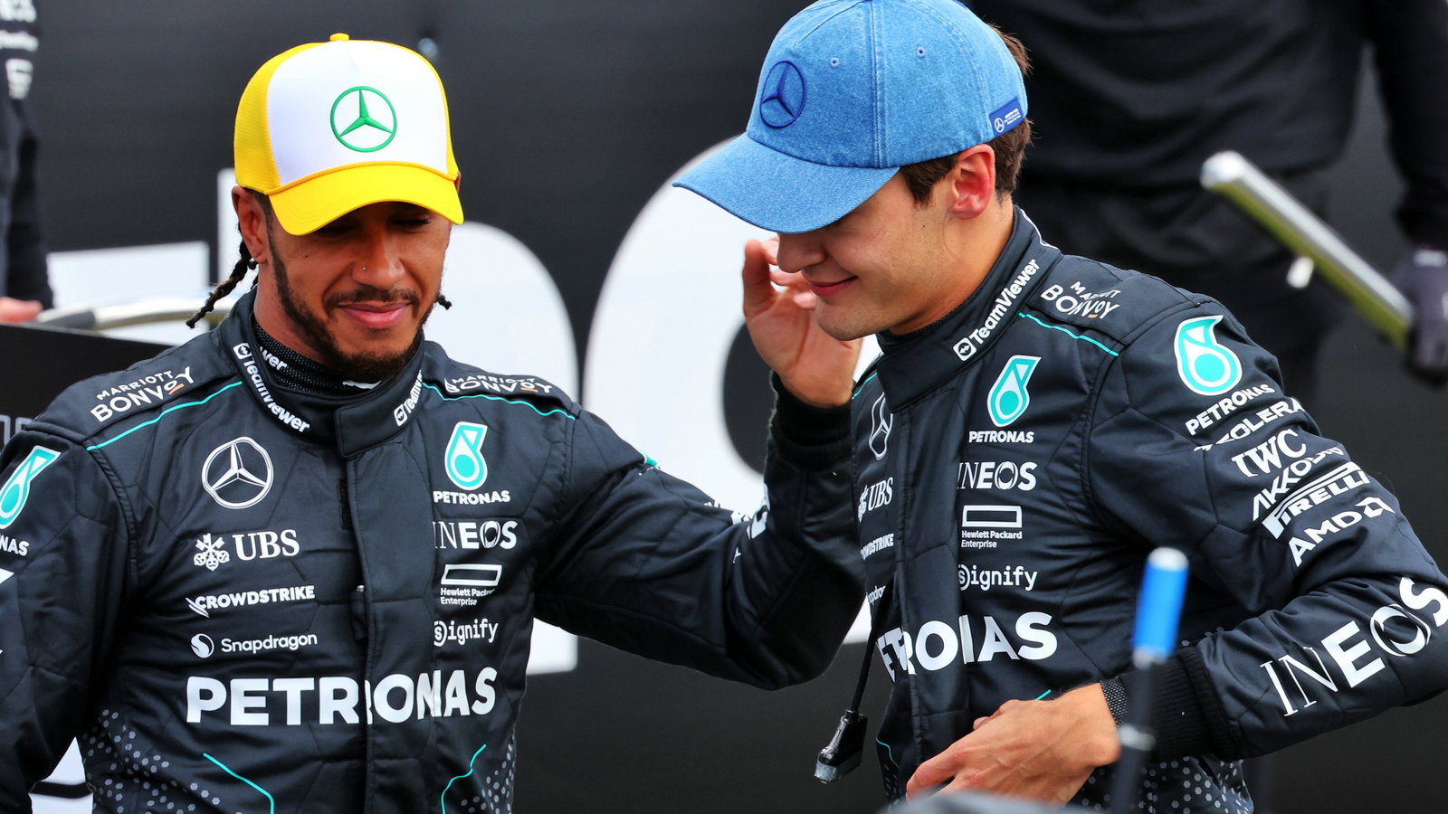 George Russell (GBR) Mercedes AMG F1 celebrates his pole position in qualifying parc ferme with second placed team mate