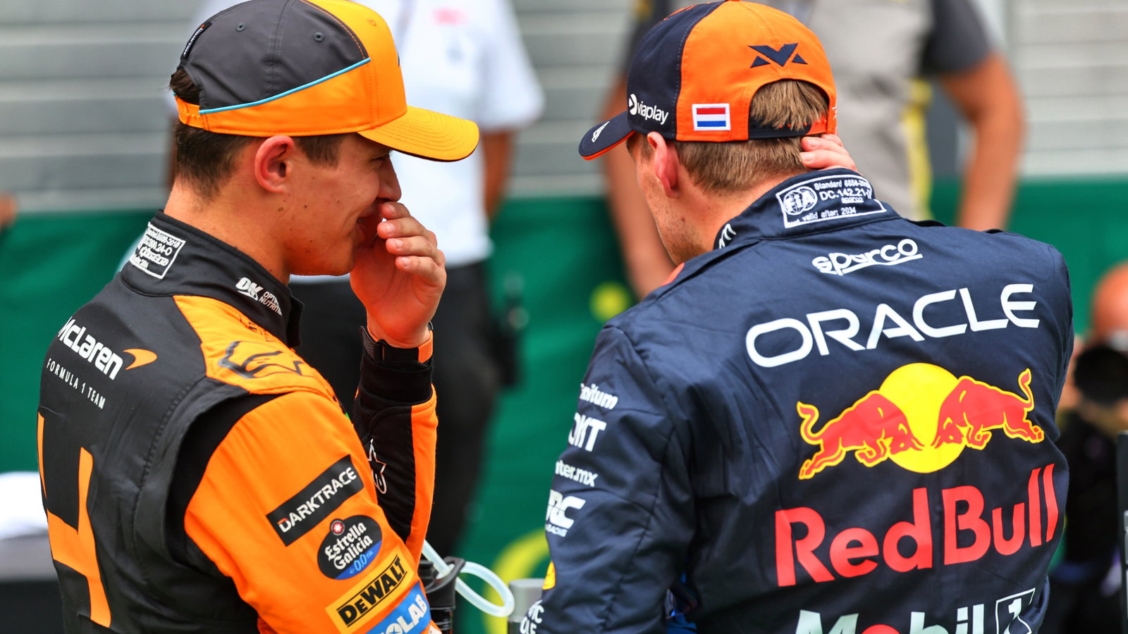 (L to R): Pole sitter Lando Norris (GBR) McLaren in qualifying parc ferme with third placed Max Verstappen (NLD) Red Bull