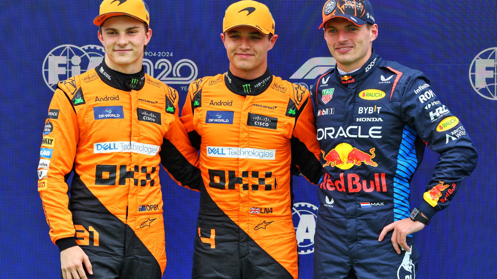 Qualifying top three in parc ferme (L to R): Oscar Piastri (AUS) McLaren, second; Lando Norris (GBR) McLaren, pole position;