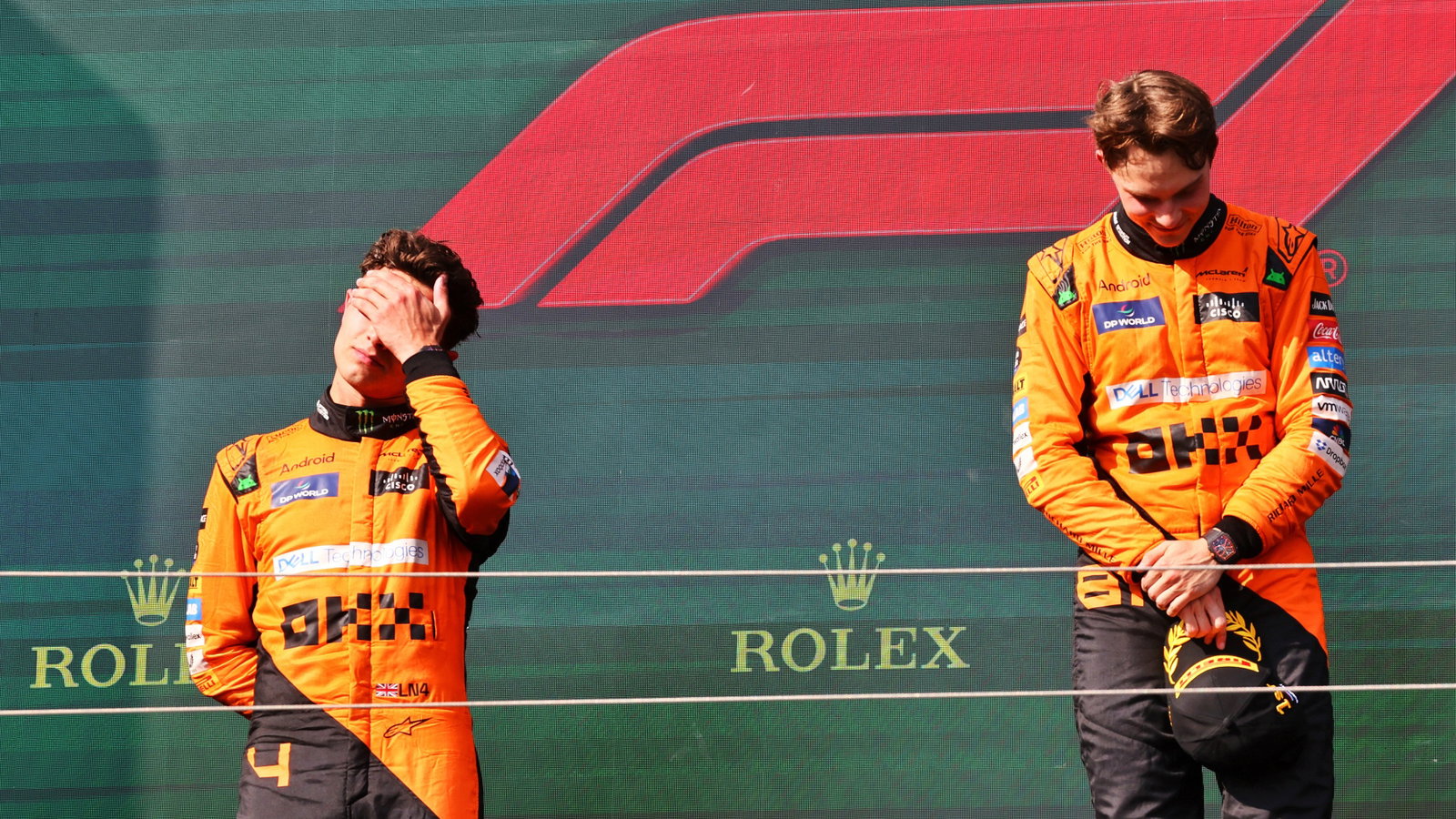 (L to R): Second placed Lando Norris (GBR) McLaren and race winner Oscar Piastri (AUS) McLaren on the podium. Formula 1