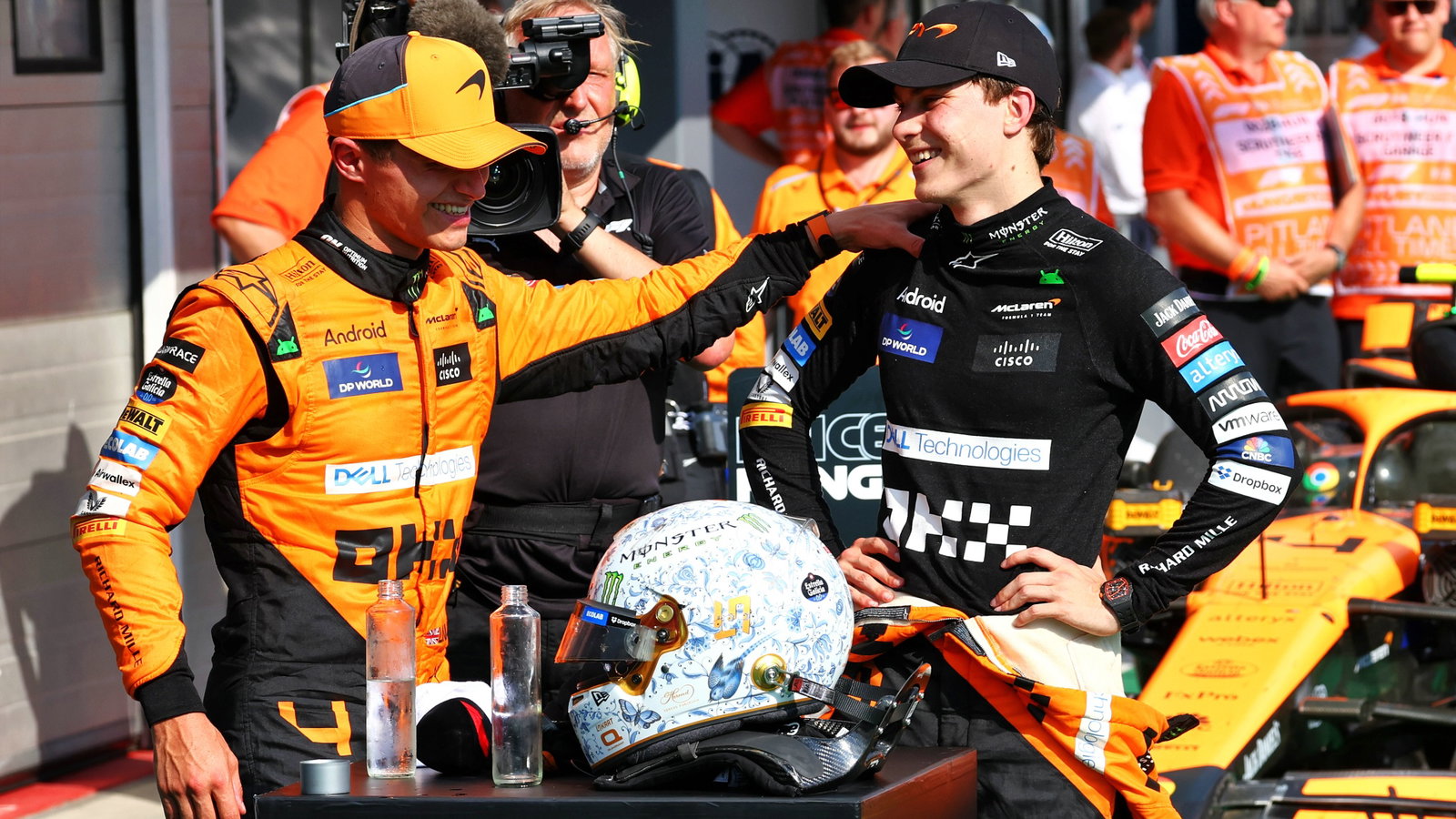(L to R): Second placed Lando Norris (GBR) McLaren celebrates with team mate and race winner Oscar Piastri (AUS) McLaren in