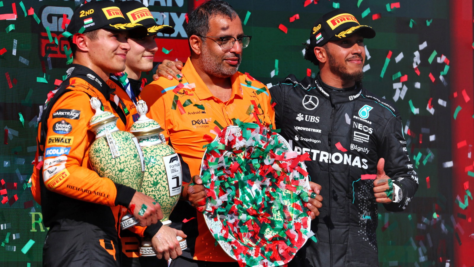 The podium (L to R): Lando Norris (GBR) McLaren, second; Oscar Piastri (AUS) McLaren, race winner; Randy Singh (GBR) McLaren