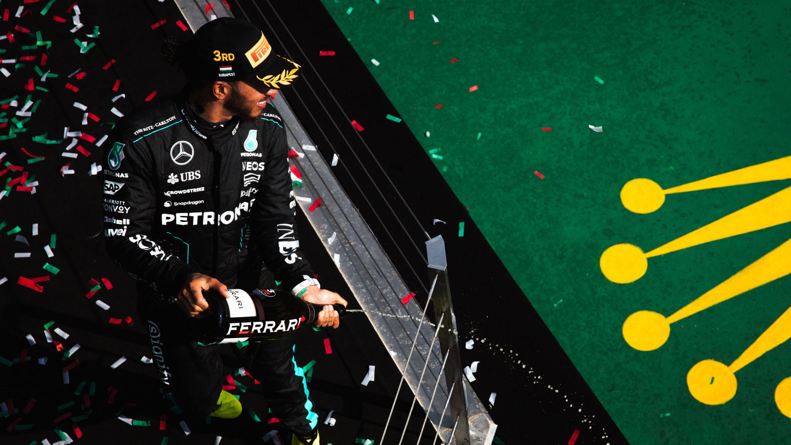 Lewis Hamilton (GBR) Mercedes AMG F1 celebrates his third position on the podium. Formula 1 World Championship, Rd 13,