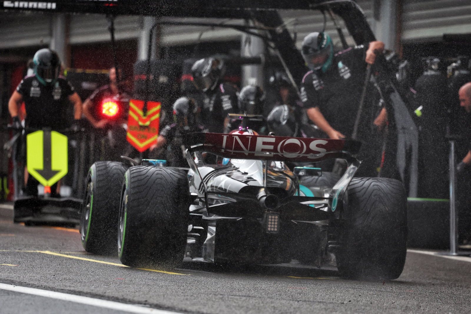 George Russell (GBR) Mercedes AMG F1 W15 in the pits. Formula 1 World Championship, Rd 14, Belgian Grand Prix, Spa
