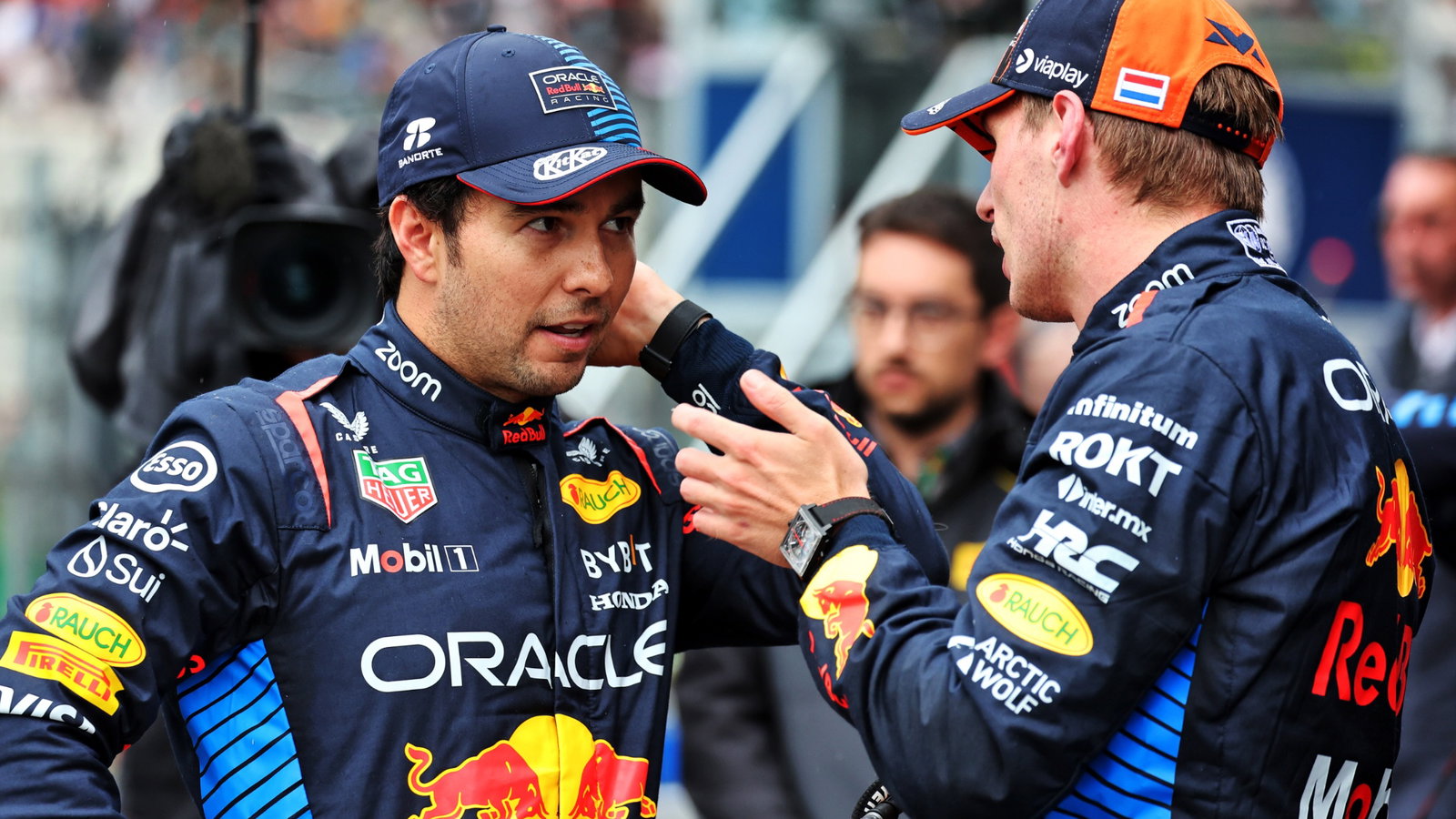 (L to R): Sergio Perez (MEX) Red Bull Racing with team mate Max Verstappen (NLD) Red Bull Racing in qualifying parc ferme.