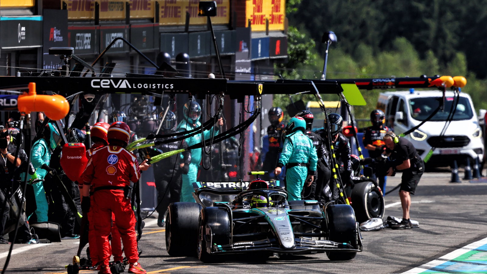 Lewis Hamilton (GBR) Mercedes AMG F1 W15 makes a pit stop. Formula 1 World Championship, Rd 14, Belgian Grand Prix, Spa