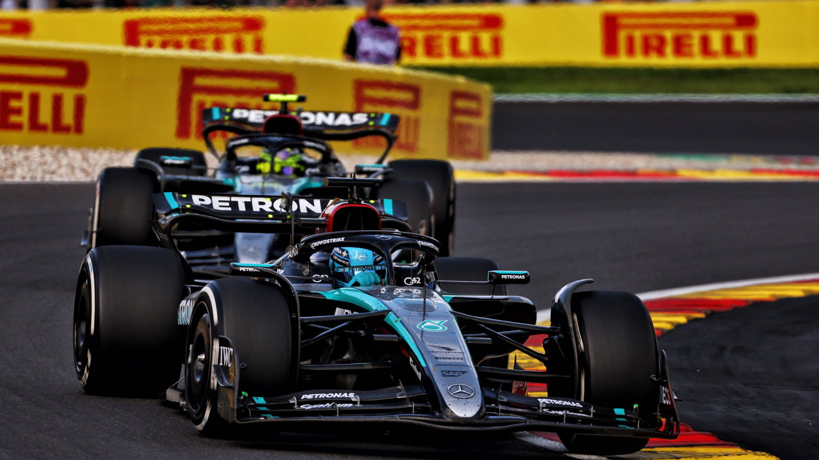 George Russell (GBR) Mercedes AMG F1 W15 leads team mate Lewis Hamilton (GBR) Mercedes AMG F1 W15. Formula 1 World