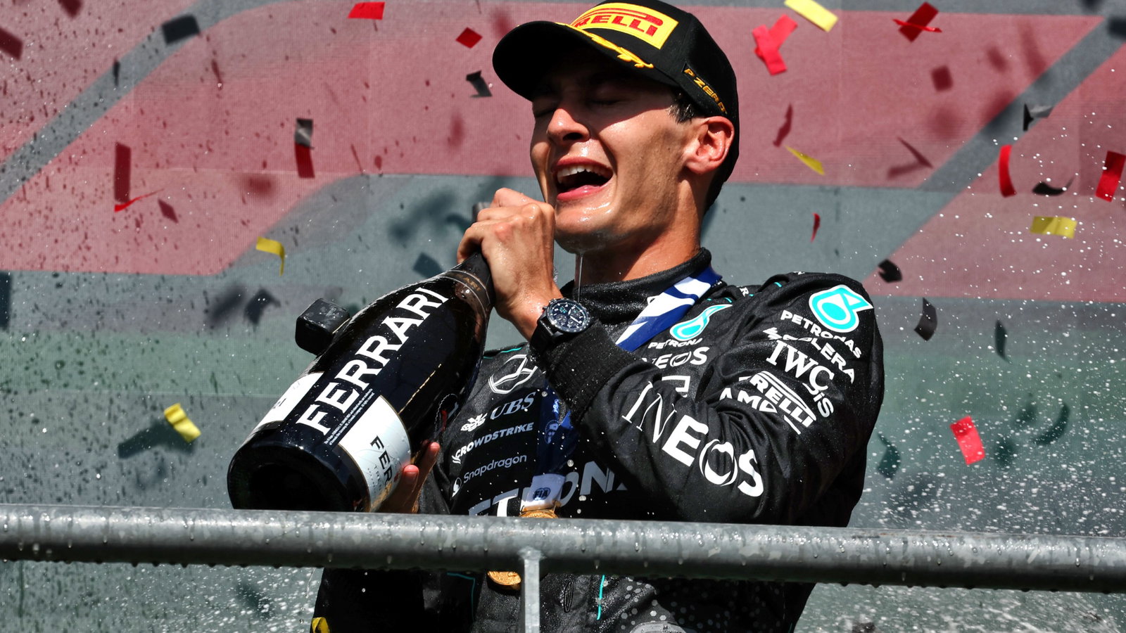 Race winner George Russell (GBR) Mercedes AMG F1 celebrates on the podium. Formula 1 World Championship, Rd 14, Belgian
