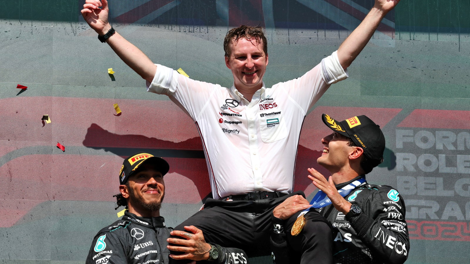 The podium (L to R): Lewis Hamilton (GBR) Mercedes AMG F1, second; Joey McMillan (GBR) Mercedes AMG F1 Lead Race Strategist;