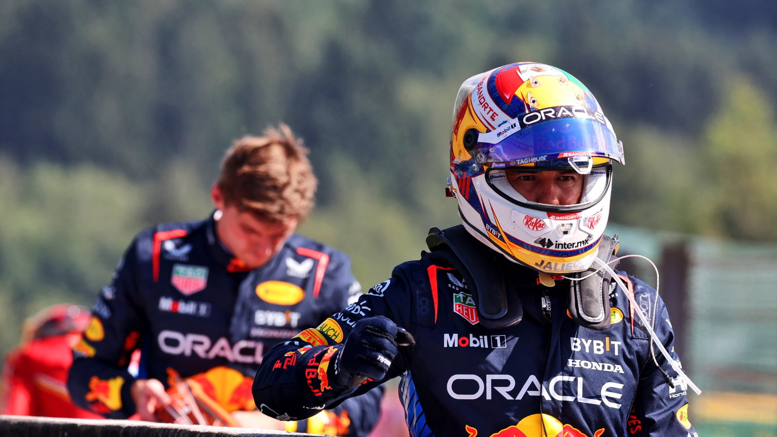 Sergio Perez (MEX) Red Bull Racing in parc ferme. Formula 1 World Championship, Rd 14, Belgian Grand Prix, Spa