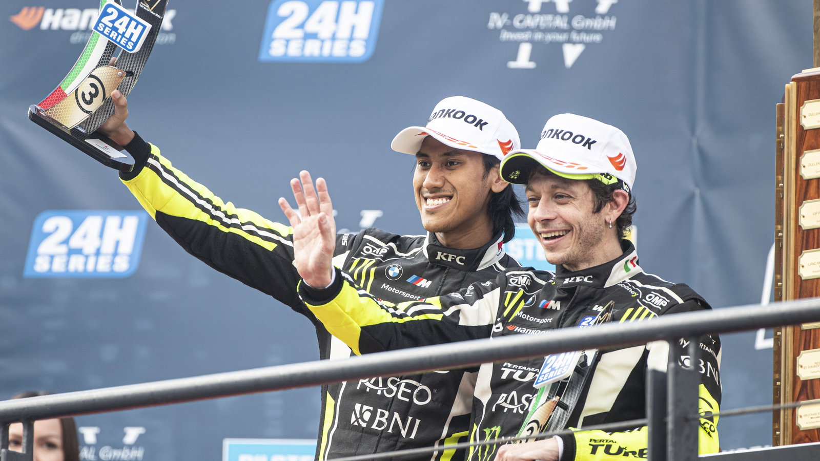 Valentino Rossi and Sean Gelael, Dubai 24 Hour Podium